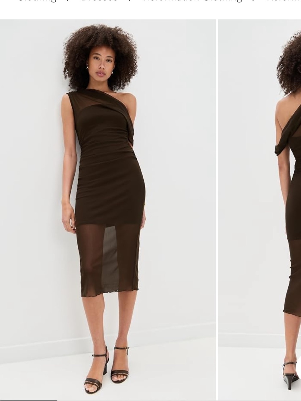 Reformation One-Shoulder Sheer-Panel Brown Midi Dress